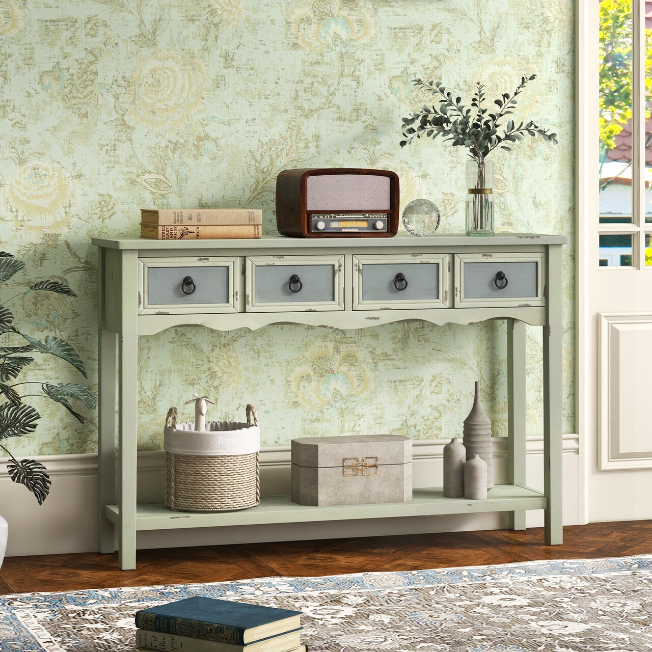 48 Inch Farmhouse Console Table With 2 Drawers And Open Storage Shelf For Hallway